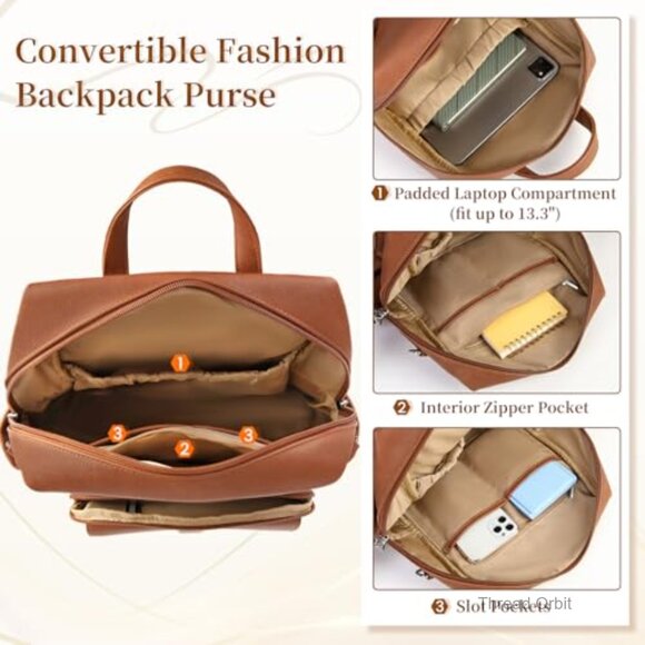 Convertible Backpack Purse PU Leather Waterproof 13.3 Inch Anti Theft Crossbody